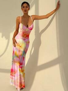 Aloruh 扎染印花吊带紧身性感连衣裙，优雅度假印花连衣裙，夏季假日装扮，海滩度假，音乐节，度假连衣裙，日落连衣裙 - 彩色 - 查看 4