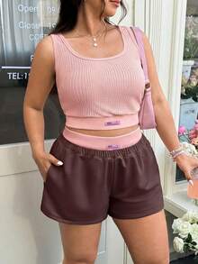 GalTyme Plus Size Women 2pcs Set Casual Sleeveless Top And Shorts - Brown - View 1