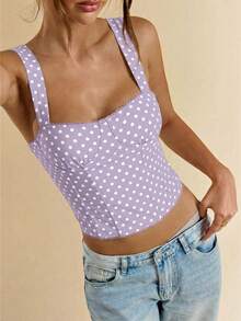 SHEIN BAE 女士约会之夜女友派对生日派对夜店装扮假日派对优雅黑色波点吊带背心，女友派对，约会，日常通勤束身衣，可爱束身衣，性感上衣夜店装，束身衣上衣，露肩上衣，夏季上衣，可爱上衣，女士夏季服装，束身衣上衣 - 淡紫色 - 查看 7