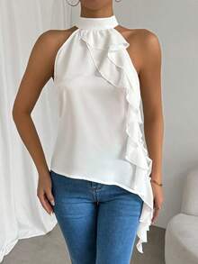SHEIN Clasi Blusa con cuello de halter con volantes de unicolor, blusas sin mangas - Blanco - Ver 8