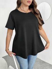Enliva Plus Size Casual Basic Casual Crew Neck Short Sleeve Knitted T-Shirt Office Black Summer, For Apple And Rounded Body Shape - Black - View 5