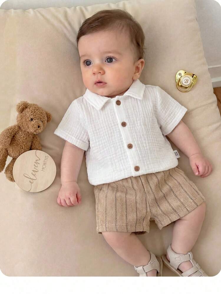 2 piezas Conjunto de camisa y pantalones cortos de unicolor de verano para bebé recién nacido niño, adecuado para fiesta de cumpleaños, fiesta de noche, actuación, boda, baby shower, invitado de boda, paje, portador de anillos - Café integral - Añade 5