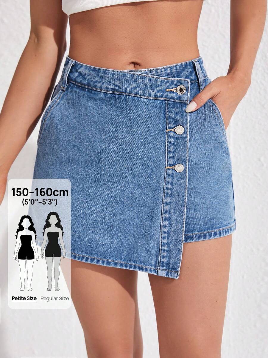 SHEIN PETITE Women's Casual Everyday Commute Overlap Waist Button Fly Side Pocket Denim Skorts, Summer - Light Wash - View 1
