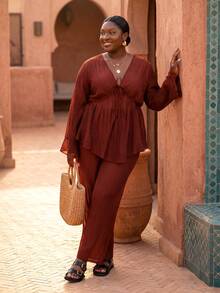 ELLERISSA Plus Size Redwood V-Neck Tie Front Ruffle Hem Top & Wide Leg Pants Co-Ord Set - Redwood - View 1