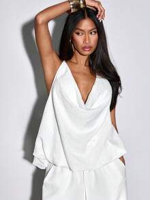 Normani 两件套女士纯色垂褶领露背上衣和裤子套装 - 白色 - 查看 4