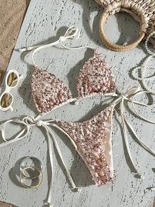 Costavie 两件式闪光纹理挂脖比基尼套装，饰有仿珍珠，性感三角上衣和侧系带泳裤，沙滩度假泳装 - 金色 - 查看 6