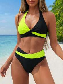 Swim Lushoire 2pcs/Set Women Solid Color Splice Bikini Top And Bottom Swimwear Summer - Multicolor - View 2