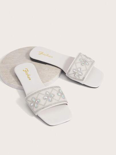 Enchnt 大码 41 女士白色拖鞋凉鞋，春夏新款斋月版方头平底凉鞋，搭配连衣裙，时尚水晶带拖鞋沙滩鞋，防滑舒适家居拖鞋，可爱女孩塑料凉鞋，尺码 43