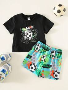SHEIN Set de 2 piezas de camiseta y pantalones cortos deportivos informales con estampado de teñido anudado para bebé niño, adecuado para primavera y verano - Multicolor - Ver 5