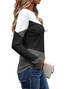 EMERY ROSE Set de 3 camisetas de manga larga para mujer, con diseño de bloqueo de color y estampado de patchwork, diseño de patrón clásico, versátil, adecuado para uso al aire libre, viajes y uso diario, cómodo - Multicolor - Ver 3