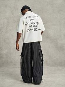 PAVTROS 男士休闲标语印花纽扣短袖衬衫，夏季 - 杏色 - 查看 5