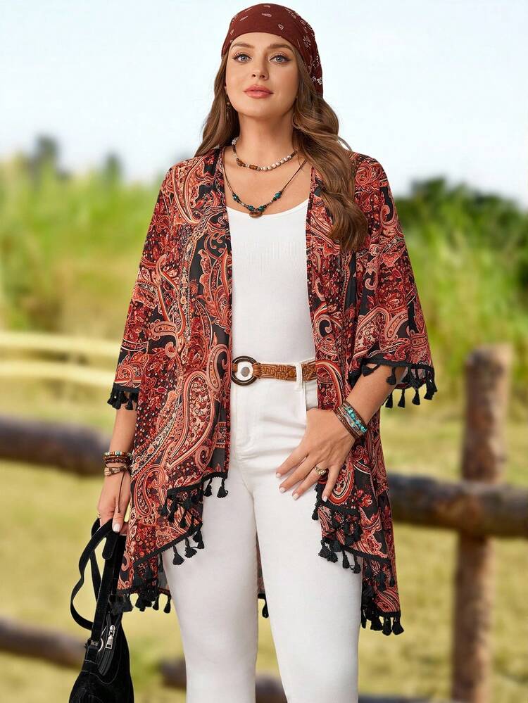 Plus Size Women's Bohemian Paisley Print Tassel Decor Jacket, Summer Outfit For Women,Spring Outfit Women,Vacation Outfits Women,Women's Spring Jacket,Fringe Blouse For Women,Country Concert Outfit,Country Outfits For Women, Beach Outfits For Women,Summer Holiday Outfits,Casual Blouse For Women Kimonos For Women Cover Up Kimono Kimono Top For Women Cover Up Top Casual Vacation Outfits Women Cover Up Outer Wear For Summer Women Fashion Clothes For Women Latest Outfit For Women Western Outfits For Women Western Wear Women Plus Zoo Outfits Women Zip Cardigan Women Zebra Print Blazer Western Outfits For Women Plus Zanzea Blouses For Women Boho Outerwear For Women Bohemian Clothes For Women Bohemian Cardigan Boho Poncho Kaftan Tops For Women