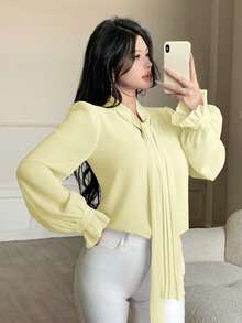 Modelyn French Elegant Ribbon Decor Long Sleeve Blouse, Slimming & Graceful, Autumn, Pink - Yellow - View 4
