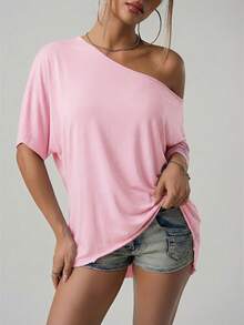 SHEIN ICON Camiseta de manga raglán de corte holgado y casual para mujer, de unicolor - Rosa - Ver 6