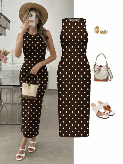 SHEIN LUNE Vestido de punto ajustado casual y sexy con estampado de lunares, adecuado para vacaciones de verano y atuendo de playa