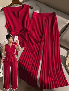 GlowEve CURVE Set de 2 piezas de top sin mangas y pantalones anchos de pierna ancha plisados informales para mujer de talla grande - Rojo - Ver 1