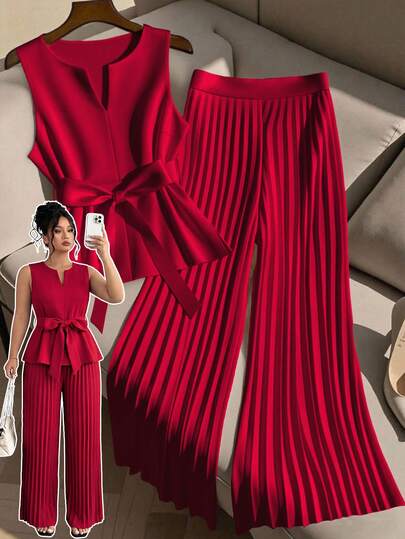 GlowEve CURVE 2pcs Plus Size Women Sleeveless Top And Casual Loose Pleated Wide Leg Pants Set