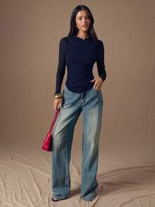 SHEIN BAE Áo thun nữ dài tay cổ chữ V xếp ly màu trơn, ôm dáng. - Màu xanh hải quân - Xem 3
