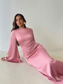 Aloruh 女士优雅露肩系腰缎面派对/假日长裙，粉色 - 藕粉色 - 查看 4