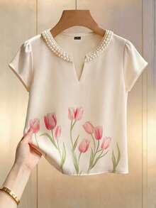 GlowEve Camiseta de mujer de manga corta con cuello en V elegante, estampado de tulipanes y cuentas - Albaricoque - Ver 5