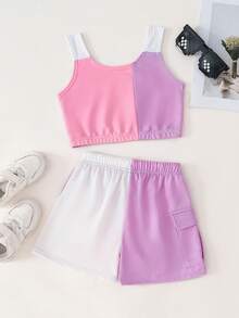 Conjunto de camiseta y pantalones cortos para niñas jóvenes - Multicolor - Ver 2