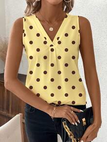SHEIN Clasi Áo hai dây cổ chữ V chấm bi vàng nâu kiểu dáng giản dị, thích hợp cho đi làm và mặc hàng ngày, mùa hè. - Nhiều màu - Xem 3