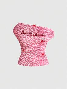 ROMWE J-Fashion 大码女式樱桃豹纹蝴蝶结装饰斜肩时尚T恤，适合约会穿着 - 粉色 - 查看 1