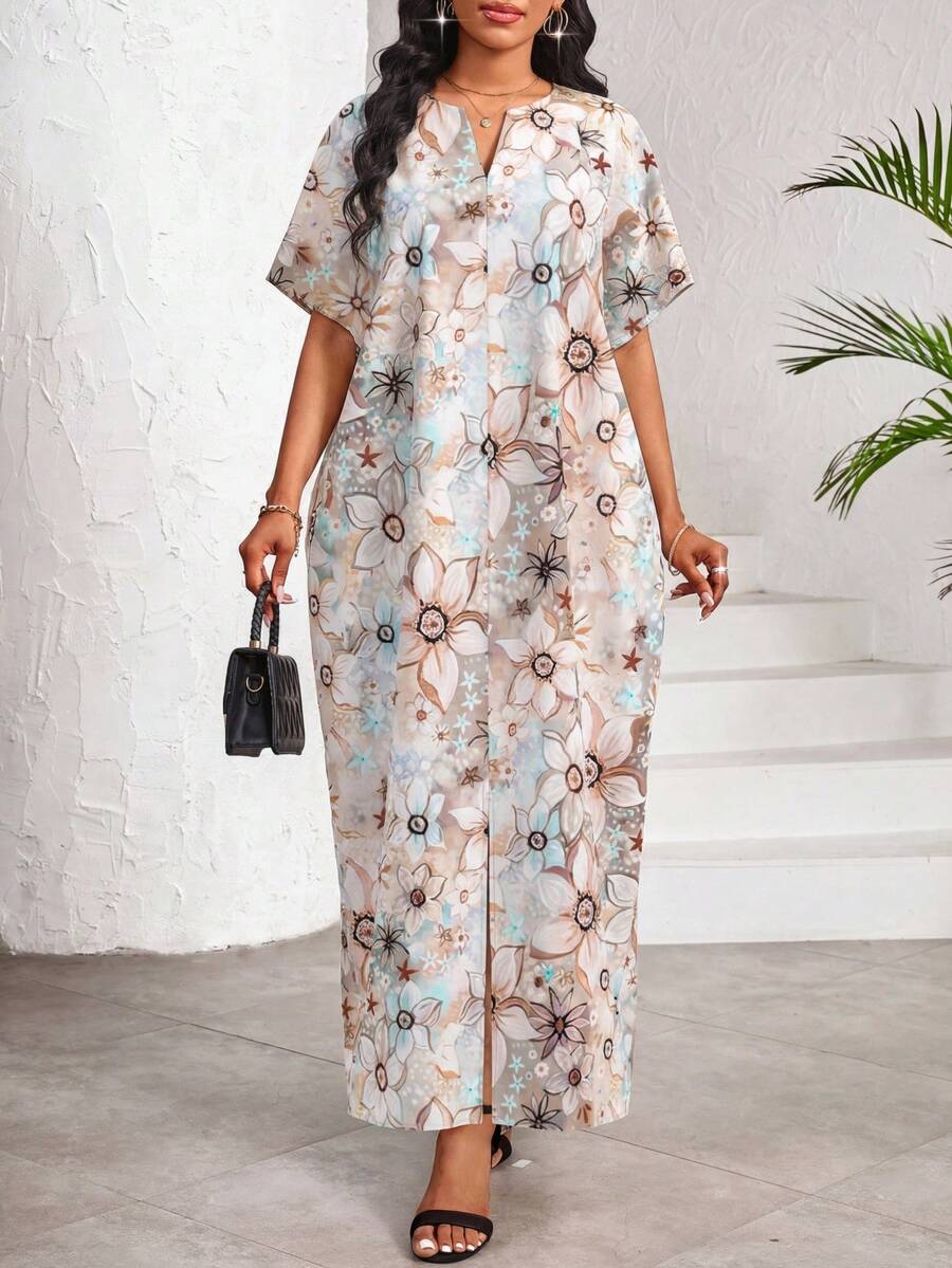 SHEIN Lady 优雅休闲工作派对条纹印花V领开衩蝴蝶袖女式长裙 - 彩色 - 查看 1