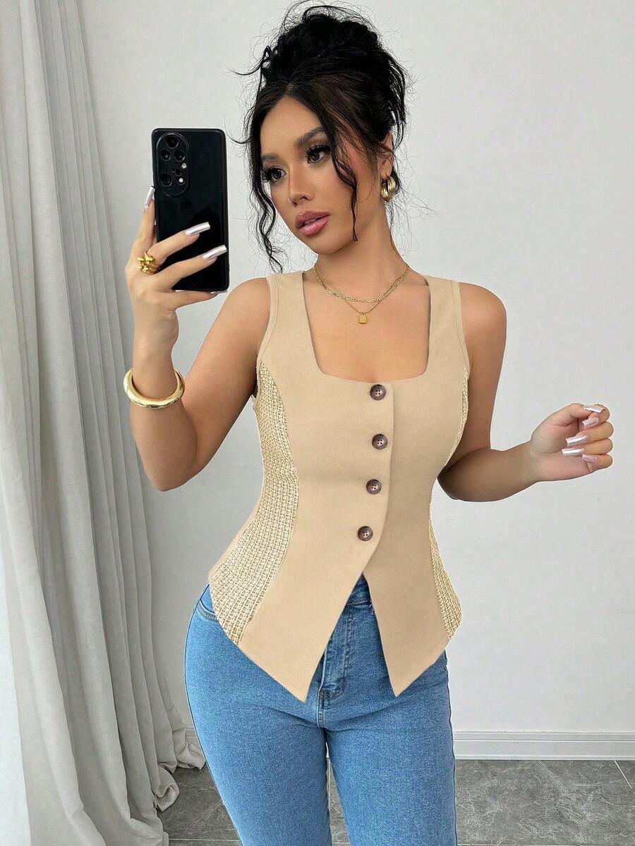 Selianne Women's Fashion Single-Breasted Square Collar Vest - Apricot - View 1