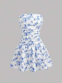 Girlism Kids Teen Girl Blue & White Floral Print Tube Top Pleated A-Line Mini Dress,Elegant Summer Holiday,Matching Bachelorette Party,Family Vacation Outfit - Blue and White - View 5