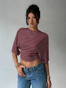 Aloruh 女士休闲优雅圆领蝙蝠袖褶裥短款时尚上衣，条纹印花，女士夏季服装，女士穿搭 - 彩色 - 查看 7