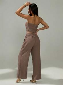 SHEIN PETITE Women's Summer Casual Solid Color Ruched Bandeau Top And Pants 2 Pieces Set - Brown - View 2