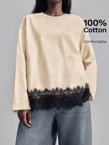 Ontre 2026春夏新款女士T恤，蕾丝撞色下摆长袖衬衫，都市通勤商务休闲女装基础款上衣，优雅婚礼宾客装扮，休闲春季上衣 - 黃色 - 查看 4