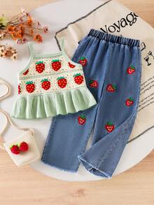 SHEIN 2pcs/Set Young Girls Strawberry Ruffle Textured Camisole Top And Denim Embroidered Pocket Pants,Summer Matching Family Vacation Holiday Outfits - Green - View 3
