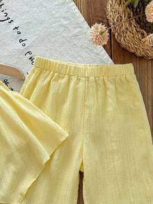 SHEIN LMoss Kids Bộ 2 món áo hai dây và quần dài dệt kim màu trơn cho bé gái - Màu vàng - Xem 6
