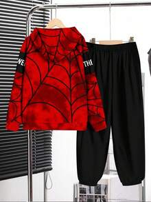 SHEIN 2 件青少年男孩休闲舒适秋季新品街头风格蜘蛛与超级英雄图案长袖连帽运动衫套装，适合秋冬季 - 彩色 - 查看 3