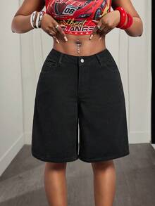 Slaydiva Quần short denim thường ngày dành cho nữ - màu đen - Xem 4