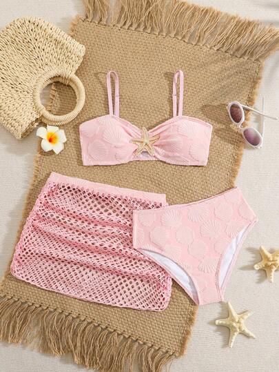 SHEIN Bộ bikini 3 món thanh lịch tối giản dành cho bé gái, họa tiết sao biển, kết hợp với váy đi biển xếp ly, thích hợp cho kỳ nghỉ, bãi biển, bơi lội, đồ bơi mùa hè lý tưởng cho các bạn tuổi teen.