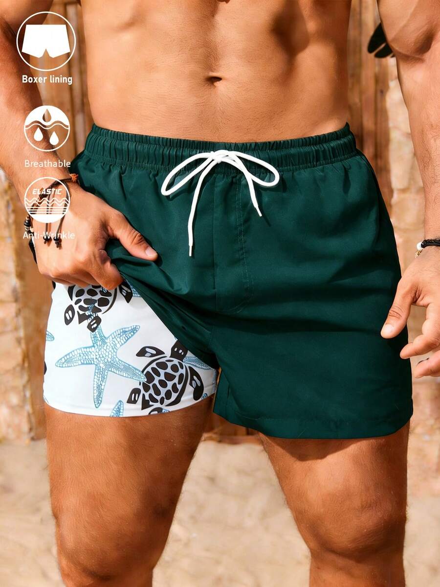 Manfinity Swimmode Men's Dark Green Solid Elastic Waist Drawstring Casual Beach Shorts With Pockets,Summer Swim Trunks Board Shorts Streetwear Holiday Vacation Hawaii - Dark Green - View 1