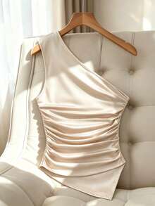 SHEIN Franclia Black Asymmetric Collar & Hem Top With Metal Buckle, Ruched Waist Design For Slimming Effect - Apricot - View 2