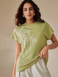 Anewsta Blusa verde de verano para mujer, camiseta de manga corta con patrón bordado y con cuentas de árbol de coco elegante, camiseta casual para mujer, adecuada para atuendos de vacaciones, ropa casual de vacaciones, atuendo de vacaciones de verano - Verde - Ver 5