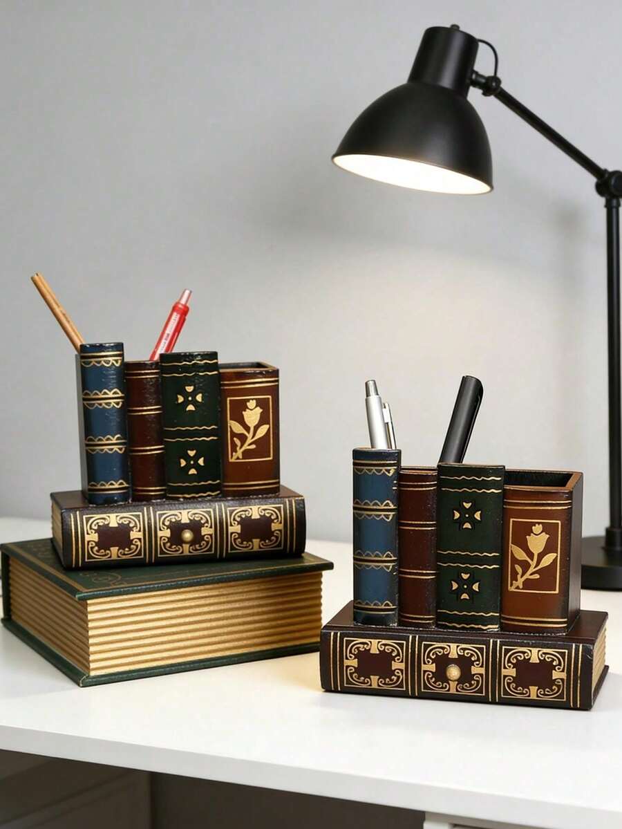 1PC Vintage European Wooden Pen Holder Desk Storage Organizer Retro Nostalgic Decorative Fake Book Design Office Supplies Pencil Cup Container For Home Office Desk Study Gift For Teacher Writer - Multicolor - View 1