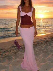 Opulessa Bộ 2 món áo hai dây và chân váy ngắn bằng vải chiffon dành cho nữ, kiểu dáng nghỉ mát, thích hợp cho mùa xuân/hè. - Hồng - Xem 3