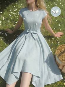 SHEIN Đầm eo đính đá thanh lịch cho bé gái tuổi teen, kiểu dáng giản dị, sang trọng, đa năng, phù hợp mặc hàng ngày cho các buổi lễ và tiệc tùng, đầm mới cho bé gái, màu xanh bạc hà. - Màu xanh Bạc hà - Xem 1