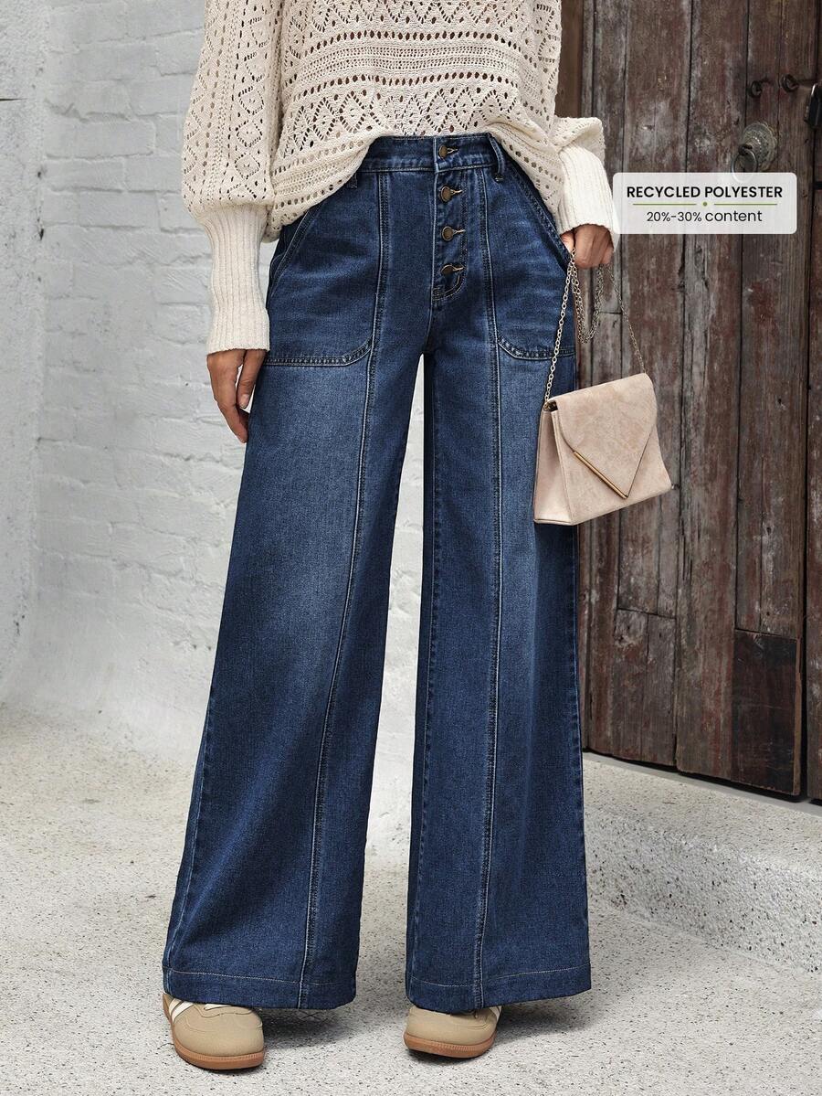 EMERY ROSE Plus Size Straight Loose Fashion Versatile Jeans Wide Leg Jeans Woman Jeans High Waist Flared Jean Loose Jeans Flare Jeans Women - Blue - View 1