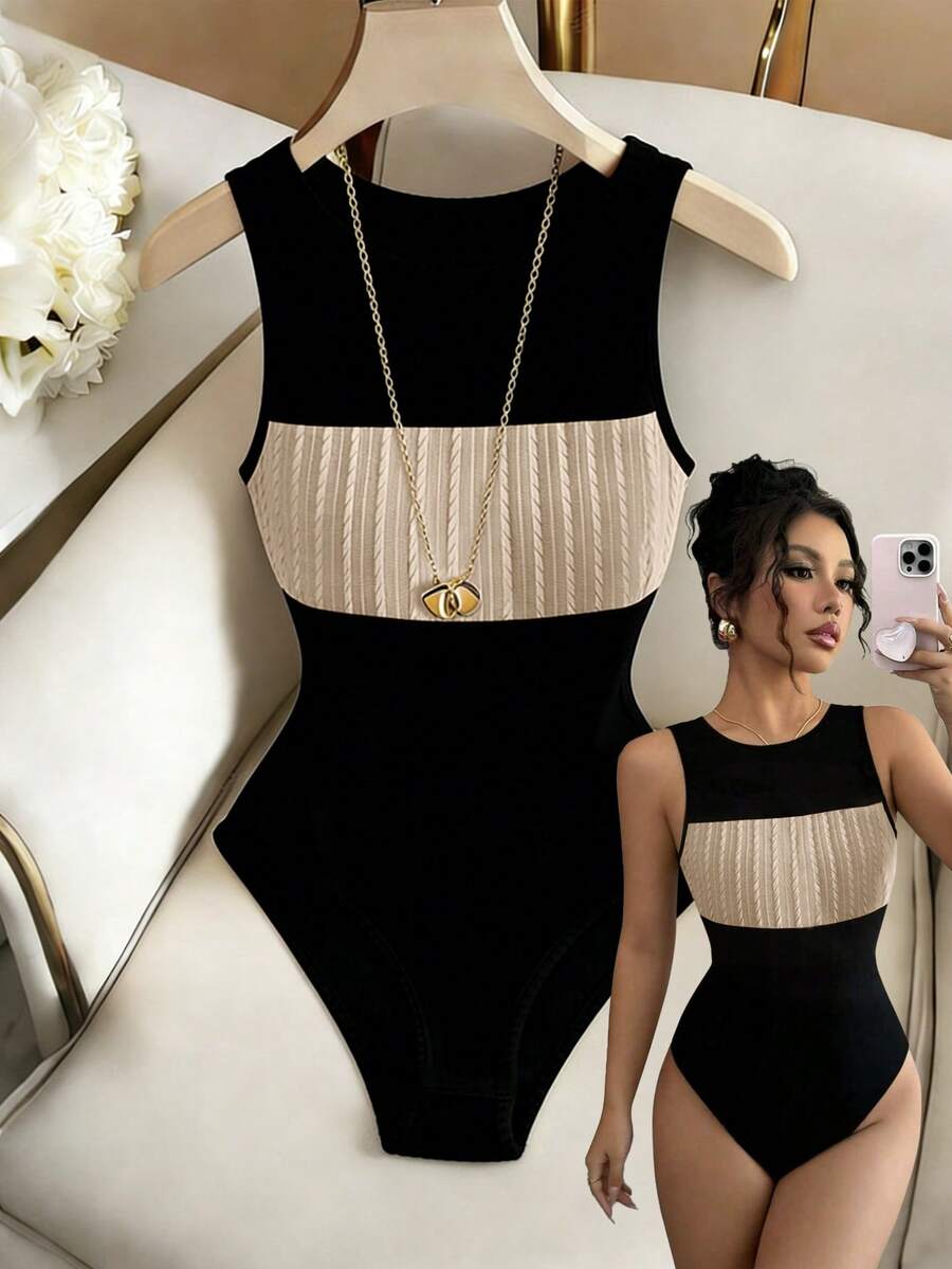 Elenzga Nueva llegada Primavera/Verano Sexy y Elegante Casual Mono sin mangas de punto con parches, Adecuado para vacaciones en la playa, uso diario - Albaricoque - Ver 1