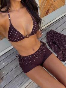 Bonvoyette 新款春夏爆款三件套比基尼：波点拼接印花三角杯系带短裤，性感褶皱多色女士沙滩泳衣 - 咖啡棕 - 查看 1