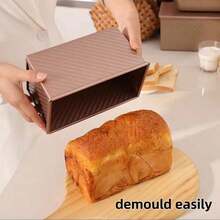 1pc Golden Carbon Steel Non-Stick Toast Mold, Ripple Design With Lid And Vent Holes, Rectangular Bread Pan, Baking Mold For Home Oven - Gold - View 5