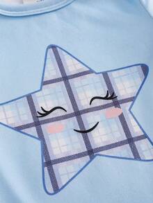 SHEIN Bộ quần áo 4 món ôm sát cho bé gái - Màu xanh dương & hồng, in hình mây, trăng, thỏ, sao dễ thương, áo tay ngắn và quần. - Nhiều màu - Xem 4