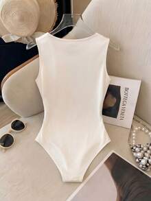 Franclia Women Elegant Sexy White Sleeveless Shimmering Satin Bodysuit, Summer Seductive Slim Fit Knitted Top For Night Out Golf, Parties, Vacation Formal - Apricot - View 3